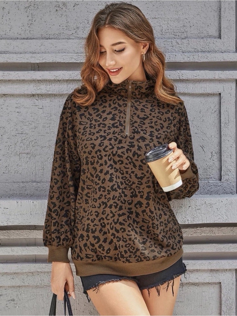 Women's Brown Leopard Print V-Neck Pullover Sweater - Picture 2 of 7